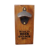 Reclaimed Wood Wall Mounted Bottle Opener with Funny quote "Oh look, it's Beer O'Clock again ..." - Excellent son gift, husband gift, father gift and Man Cave gift.